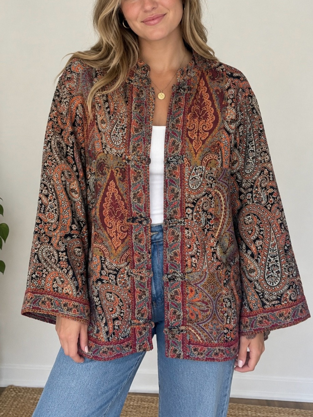 Vintage Y2K Boho Paisley Toggle Jacket Indie Fall Whimsical 2000s Retro Unique